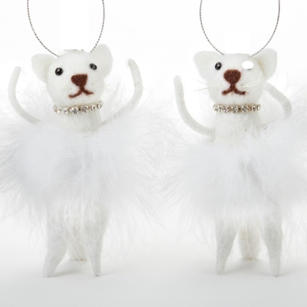 Set 2 felted Wool  Kitty White Cat Feather Skirt Ornament New AS IS